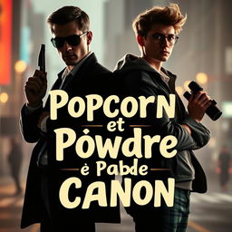 A young secret agent in silhouette and a film student standing back-to-back, with the title 'Popcorn et Poudre à Canon' prominently displayed in an engaging font