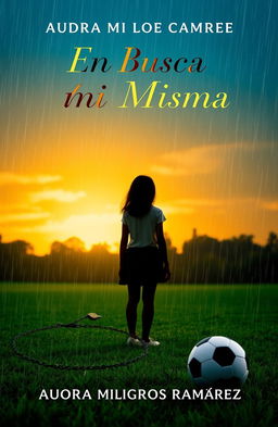 A striking book cover design featuring a silhouette of a girl standing in a soccer field during a softly raining sunset