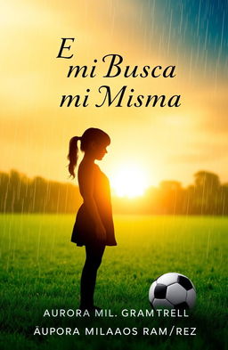 A striking book cover design featuring a silhouette of a girl standing in a soccer field during a softly raining sunset