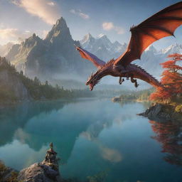 Generate a detailed image of a mystical landscape bathed in morning light, with a majestic dragon soaring above towering mountains, lakes reflecting the sky's vibrant hues, and ancient trees dotting the terrain.