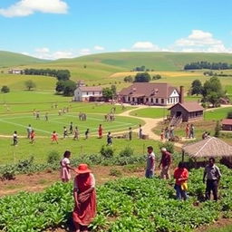 A picturesque village scene in 1977, bustling with life and activity