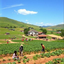 A picturesque village scene in 1977, bustling with life and activity