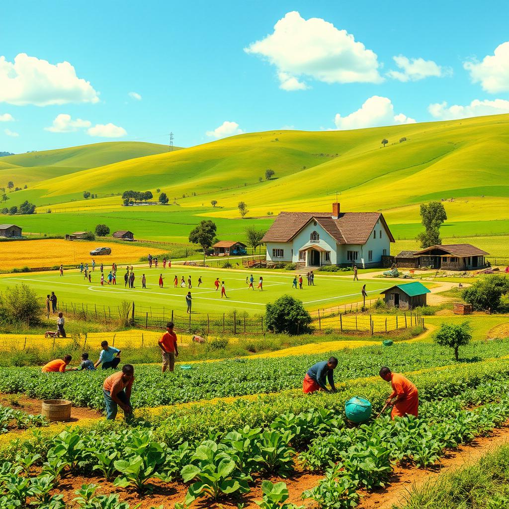 A picturesque village scene in 1977, bustling with life and activity