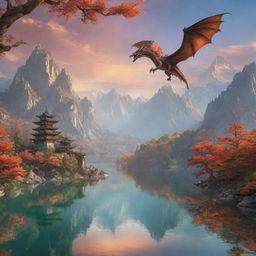 Generate a detailed image of a mystical landscape bathed in morning light, with a majestic dragon soaring above towering mountains, lakes reflecting the sky's vibrant hues, and ancient trees dotting the terrain.