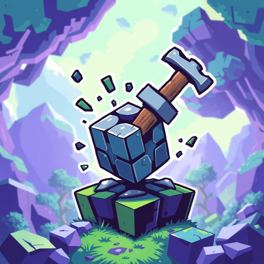 A stylized pixelated hammer striking an oversized pixel, symbolizing creativity and craftsmanship in game development