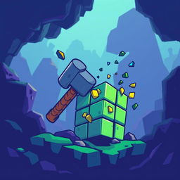 A stylized pixelated hammer striking an oversized pixel, symbolizing creativity and craftsmanship in game development