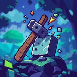 A stylized pixelated hammer striking an oversized pixel, symbolizing creativity and craftsmanship in game development