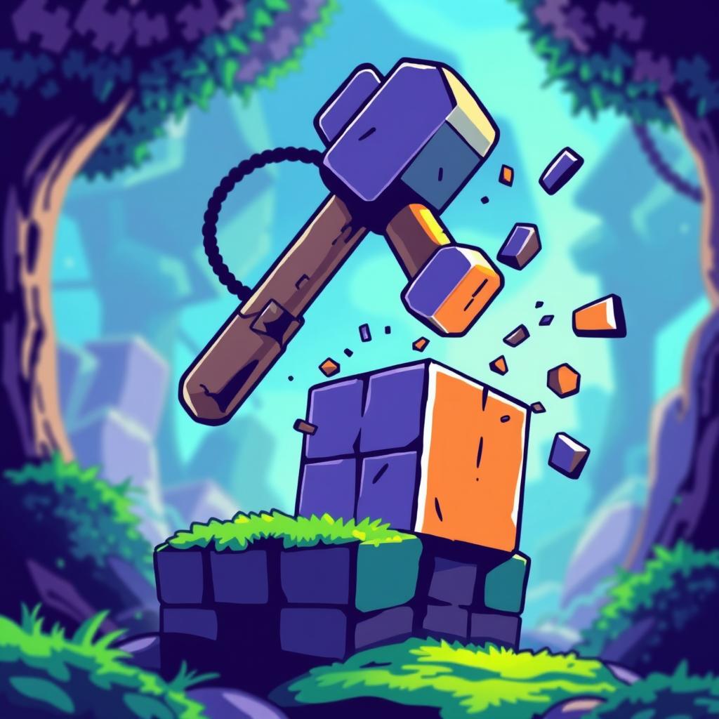 A stylized pixelated hammer striking an oversized pixel, symbolizing creativity and craftsmanship in game development