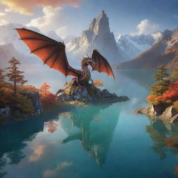 Generate a detailed image of a mystical landscape bathed in morning light, with a majestic dragon soaring above towering mountains, lakes reflecting the sky's vibrant hues, and ancient trees dotting the terrain.