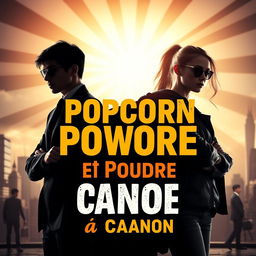 An 18-year-old young secret agent in silhouette and a film student girl standing back-to-back, with the title 'Popcorn et Poudre à Canon' prominently displayed in an eye-catching font