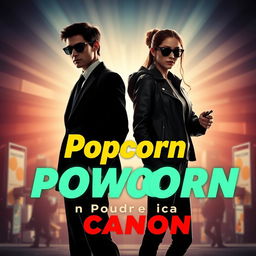 An 18-year-old young secret agent in silhouette and a film student girl standing back-to-back, with the title 'Popcorn et Poudre à Canon' prominently displayed in an eye-catching font