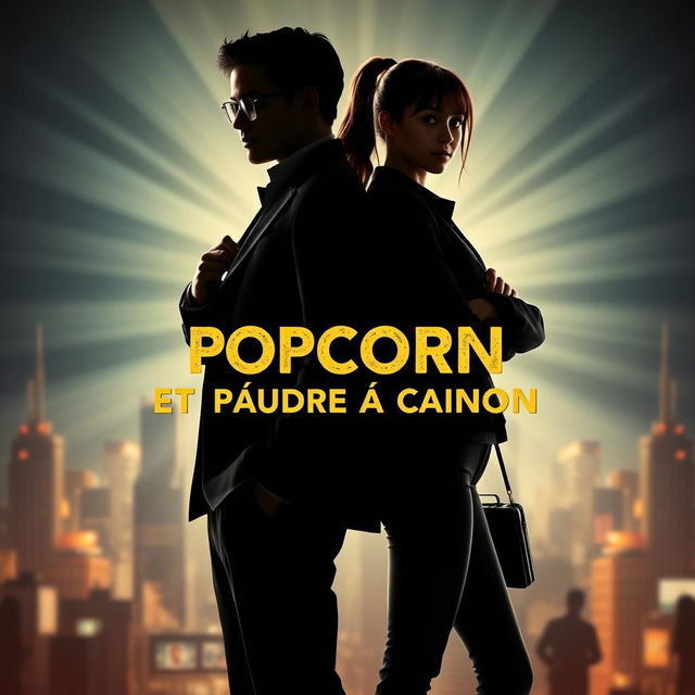 An 18-year-old young secret agent in silhouette and a film student girl standing back-to-back, with the title 'Popcorn et Poudre à Canon' prominently displayed in an eye-catching font