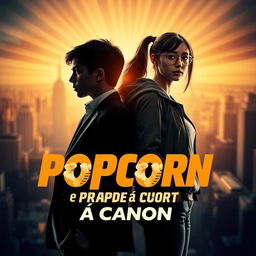An 18-year-old young secret agent in silhouette and a film student girl standing back-to-back, with the title 'Popcorn et Poudre à Canon' prominently displayed in an eye-catching font