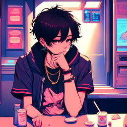 Anime art of an emo boy smoking a cigarette at an old-fashioned laundromat under blue neon lights.