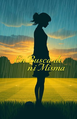 A silhouette of a girl standing on a soccer field, with a background depicting a beautiful sunset or gentle rain, symbolizing love and sadness