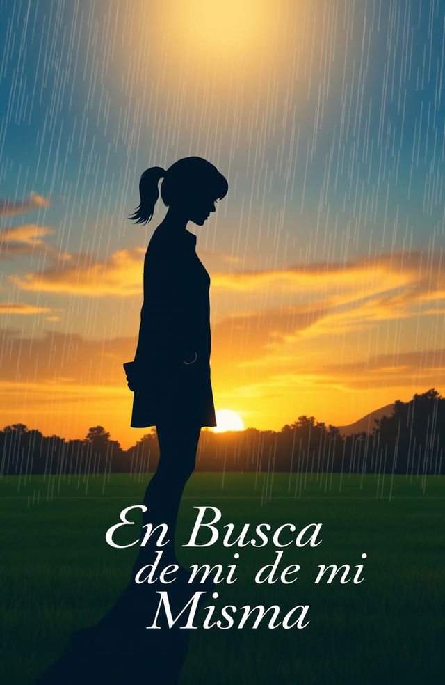 A silhouette of a girl standing on a soccer field, with a background depicting a beautiful sunset or gentle rain, symbolizing love and sadness