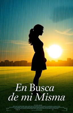 A silhouette of a girl standing on a soccer field, with a background depicting a beautiful sunset or gentle rain, symbolizing love and sadness