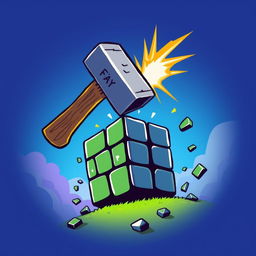 A stylized pixelated hammer striking an oversized pixel, symbolizing creativity and craftsmanship in game development