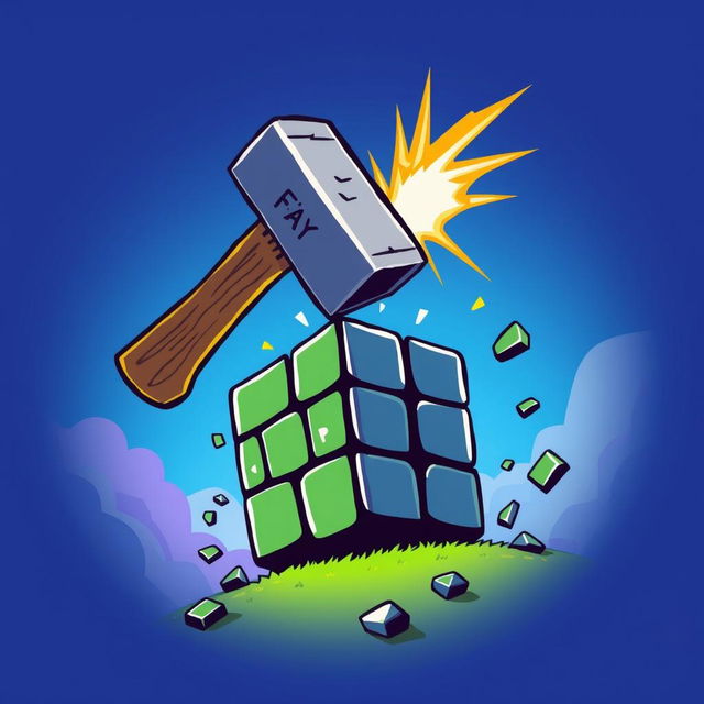 A stylized pixelated hammer striking an oversized pixel, symbolizing creativity and craftsmanship in game development