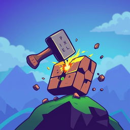 A stylized pixelated hammer striking an oversized pixel, symbolizing creativity and craftsmanship in game development