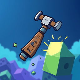 A stylized pixelated hammer striking an oversized pixel, symbolizing creativity and craftsmanship in game development