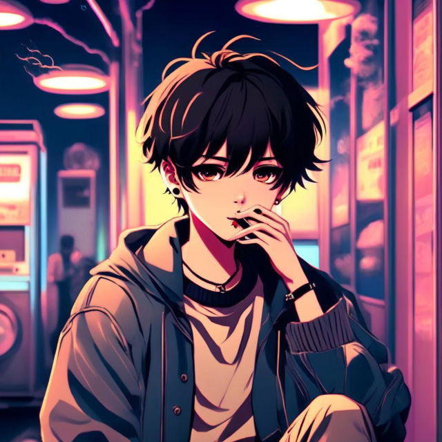 Anime art of an emo boy smoking a cigarette at an old-fashioned laundromat under blue neon lights.