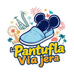 A playful and imaginative logo design for 'La Pantufla Viajera,' a travel agency focused on Disney and Universal parks including cruises