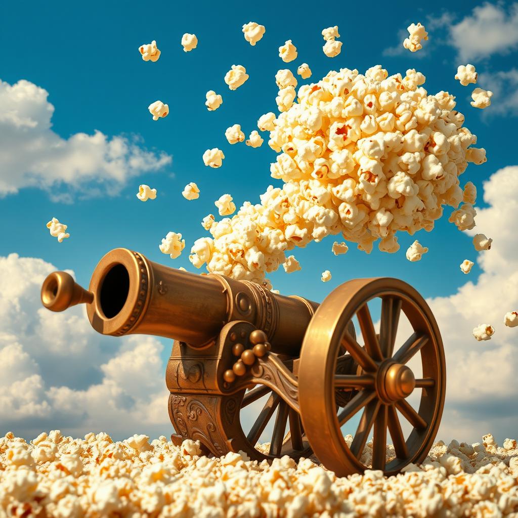 A whimsical and surreal scene featuring a giant popcorn kernel exploding in mid-air, creating a cloud of fluffy popcorn pieces that resemble a dramatic explosion