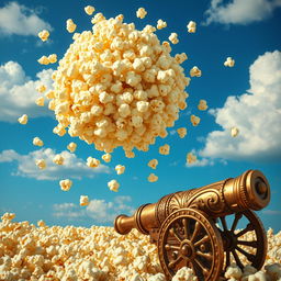 A whimsical and surreal scene featuring a giant popcorn kernel exploding in mid-air, creating a cloud of fluffy popcorn pieces that resemble a dramatic explosion