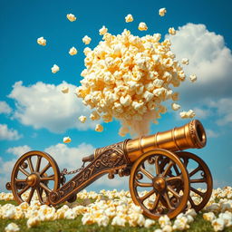 A whimsical and surreal scene featuring a giant popcorn kernel exploding in mid-air, creating a cloud of fluffy popcorn pieces that resemble a dramatic explosion