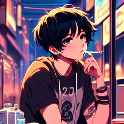 Anime art of an emo boy smoking a cigarette at an old-fashioned laundromat under blue neon lights.