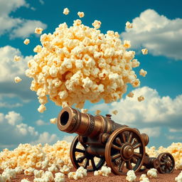 A whimsical and surreal scene featuring a giant popcorn kernel exploding in mid-air, creating a cloud of fluffy popcorn pieces that resemble a dramatic explosion