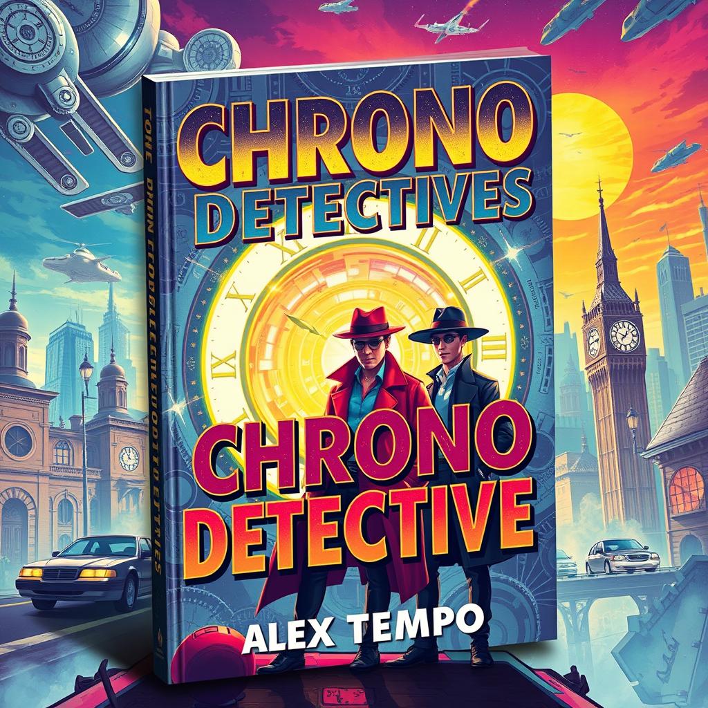 A captivating book cover for 'Chrono Detectives' by Alex Tempo, featuring a retro-futuristic design that embodies the essence of time travel and mystery