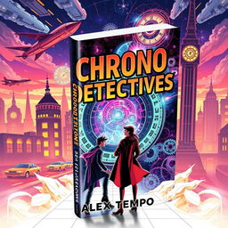 A captivating book cover for 'Chrono Detectives' by Alex Tempo, featuring a retro-futuristic design that embodies the essence of time travel and mystery