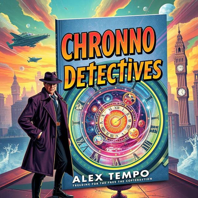 A captivating book cover for 'Chrono Detectives' by Alex Tempo, featuring a retro-futuristic design that embodies the essence of time travel and mystery