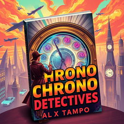 A captivating book cover for 'Chrono Detectives' by Alex Tempo, featuring a retro-futuristic design that embodies the essence of time travel and mystery