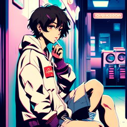 Anime art of an emo boy smoking a cigarette at an old-fashioned laundromat under blue neon lights.