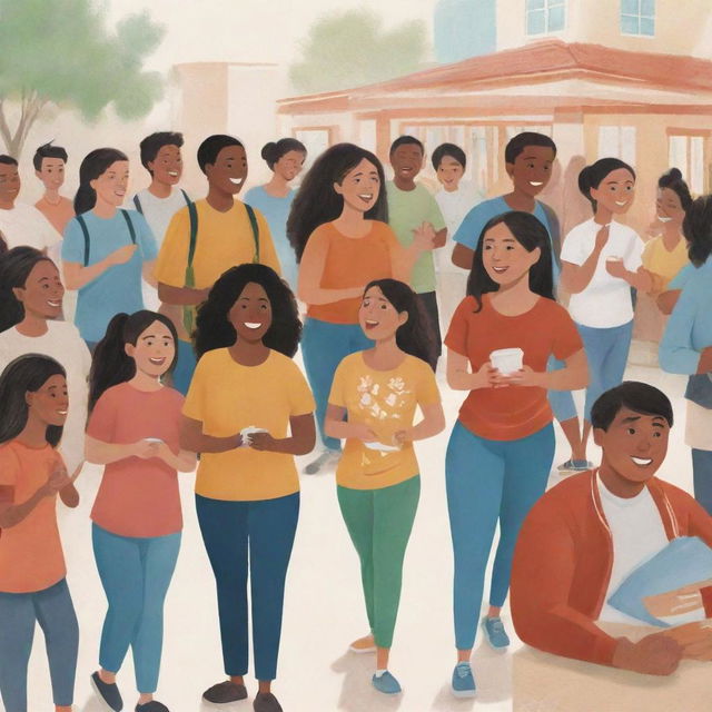 Illustration of a lively scene featuring diverse individuals engaging in everyday activities, prominently showcasing the use of our native language in their dialogues and actions