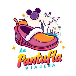 A vibrant and engaging logo design for 'La Pantufla Viajera,' a travel agency specializing in trips to Disney and Universal parks and cruises