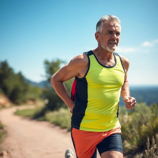 A middle-aged person engaging in sports, showcasing a determined expression while running on a scenic trail, wearing a bright athletic outfit