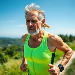 A middle-aged person engaging in sports, showcasing a determined expression while running on a scenic trail, wearing a bright athletic outfit