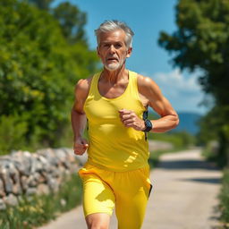 A middle-aged person engaging in sports, showcasing a determined expression while running on a scenic trail, wearing a bright athletic outfit