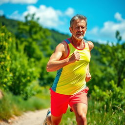 A middle-aged person engaging in sports, showcasing a determined expression while running on a scenic trail, wearing a bright athletic outfit