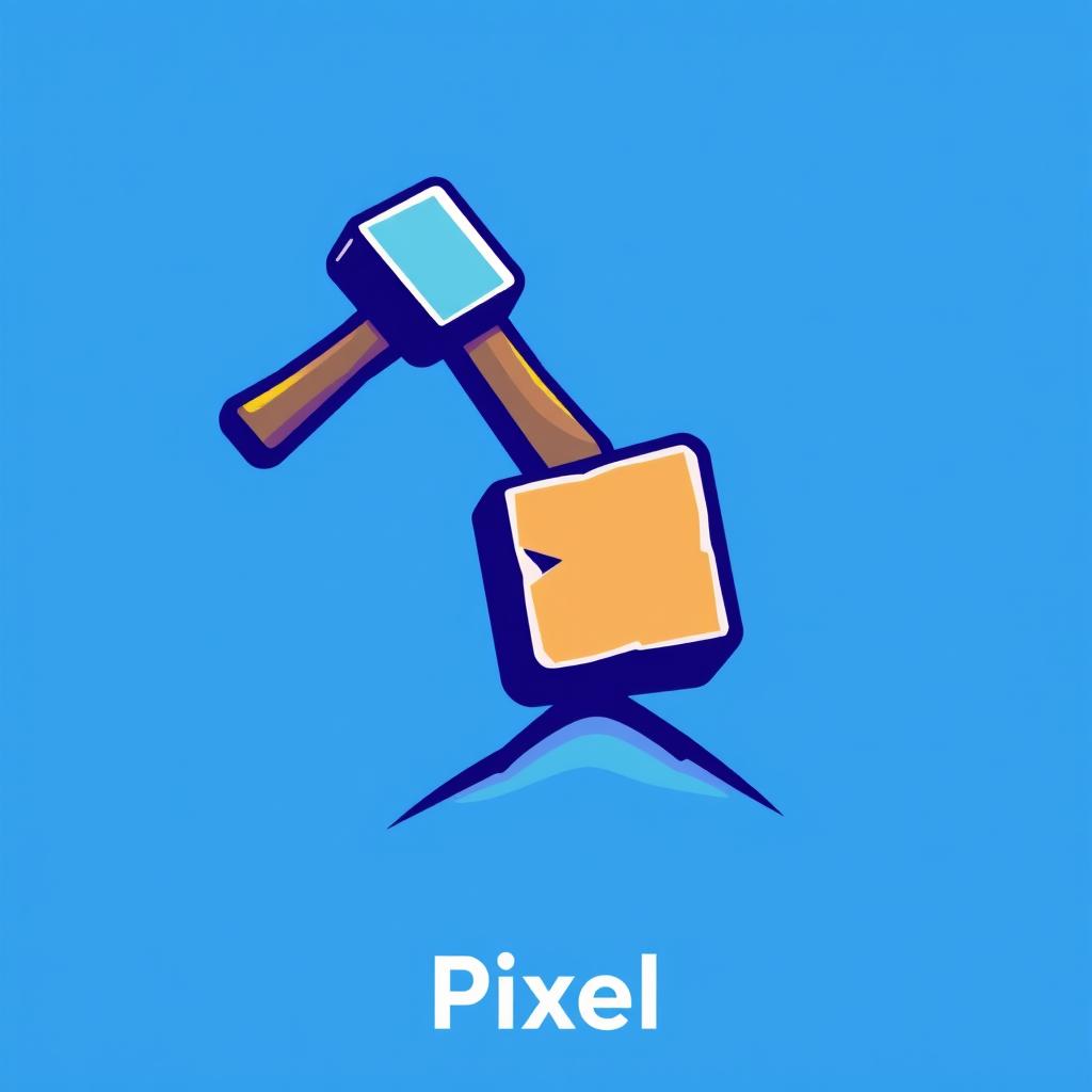 A stylized pixelated hammer striking an oversized pixel, symbolizing creativity and craftsmanship in game development