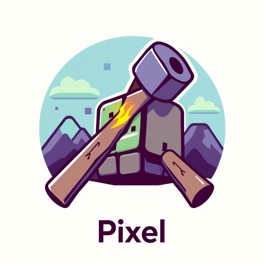 A stylized pixelated hammer striking an oversized pixel, symbolizing creativity and craftsmanship in game development