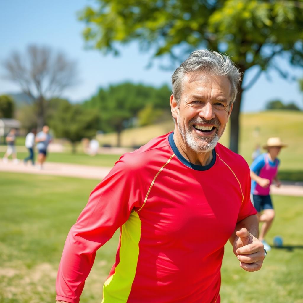 A middle-aged person smiling while engaged in sports