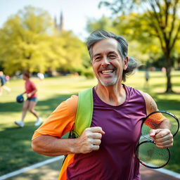 A middle-aged person smiling while engaged in sports