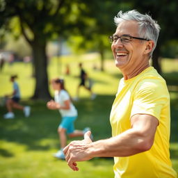 A middle-aged person smiling while engaged in sports