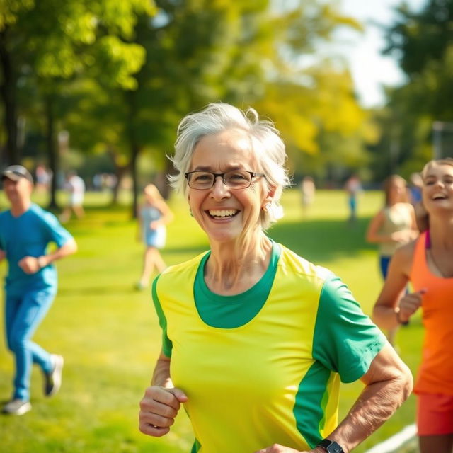 A middle-aged person smiling while engaged in sports