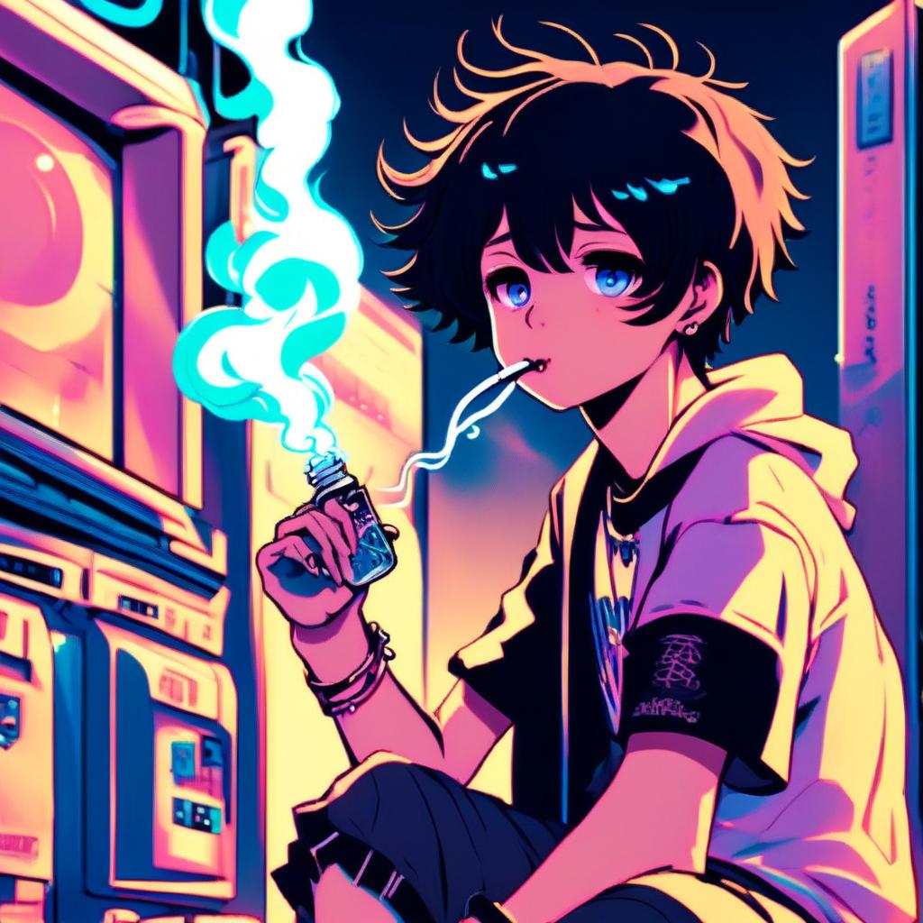 Anime art of an emo boy vaping at an old-fashioned laundromat under blue neon lights.